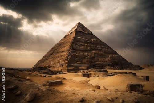 At dusk, one of the Giza Pyramids in Cairo, Egypt The Pharaohs constructed it as a tomb and route to the afterlife, where they imagined becoming Gods. Generative AI