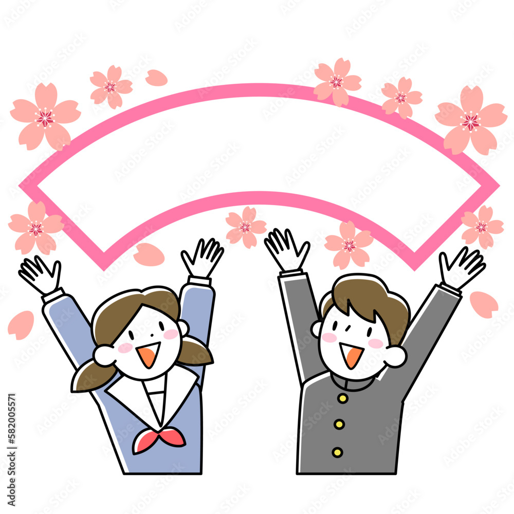 桜とバンザイをする制服の女子学生と男子学生