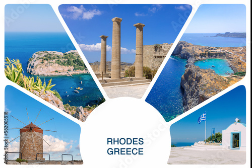 Photo collage from Rhodes, Greece. View of Photo collage from Rhodes, Greece. View of beautiful landscape, ancient ruins, sea with sailboats and coastline of island of Rhodes in Aegean Sea.