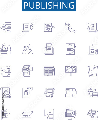 Publishing line icons signs set. Design collection of Printing, distribution, editing, marketing, manuscripts, magazines, books, newspapers outline concept vector illustrations