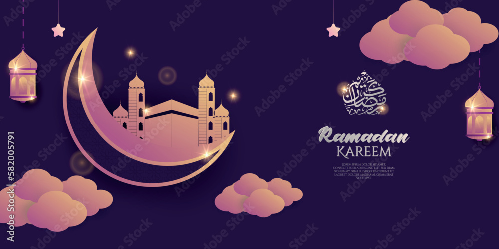 Luxury gold geometrical ramadan ornament decoration with hanging arabian flower lantern with blue night background and calligraphy for ramadan kareem. Ramadan kareem background. Eid Mubarak background