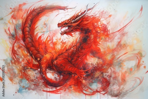 Creative painting of a red fire dragon. Generative AI