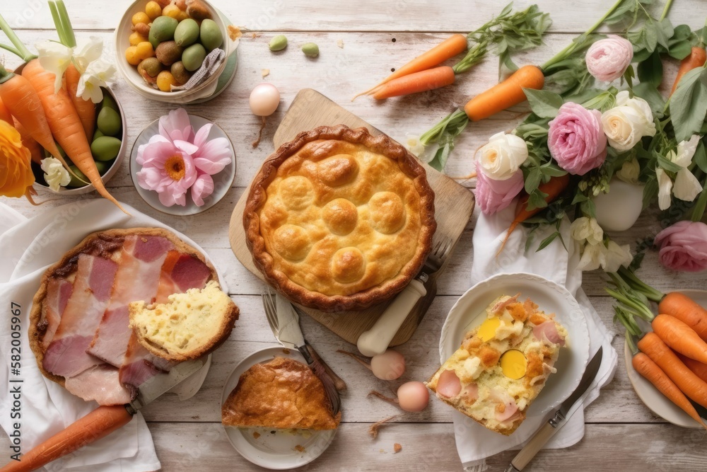 Easter meal staple ham. top border in an above view on a background of white wood banner with copy space. Ham, carrot cake, scalloped potatoes, vegetables, eggs, and hot cross buns. Generative AI