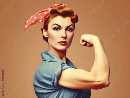 Strong powerful woman. Woman's day banner. We Can Do It. Cool picture of iconic woman s fist symbol of female power, Generative AI