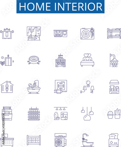 Home interior line icons signs set. Design collection of Decor, Furnishings, Design, Lighting, Renovation, Wallpaper, Carpet, Flooring outline concept vector illustrations