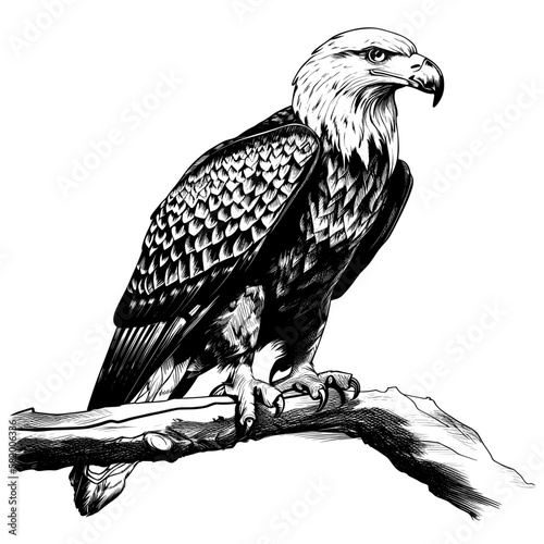 SVG Bald Eagle Sitting On Branch Black and White for laser engraving