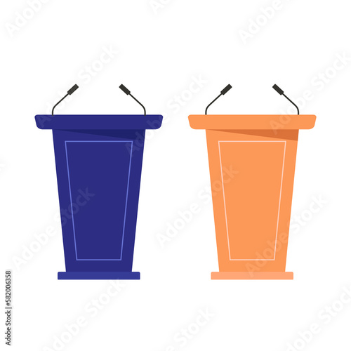 Vector set of stand with microphones, tribune, podium for speakers, for debate. Vector illustration. Isolated on a white background.