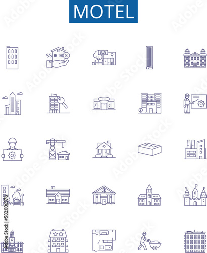 Motel line icons signs set. Design collection of Lodging, Inn, Stopover, Hostel, Resort, Accommodation, Overnight, Rest outline concept vector illustrations