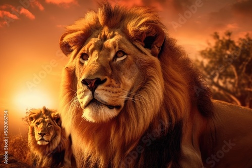 African lions and the setting sun King of animals  African savannah landscape theme. In the savanna  a proud  noble lion is dreaming while gazing up. Amazingly warm sunlight and a fiery red sky with c