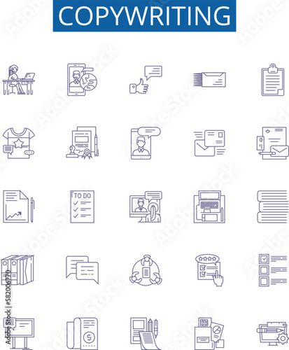 Copywriting line icons signs set. Design collection of Copywriting, Writing, Content, Creativity, Advertising, Scripting, Scripting, Wordsmithing outline concept vector illustrations
