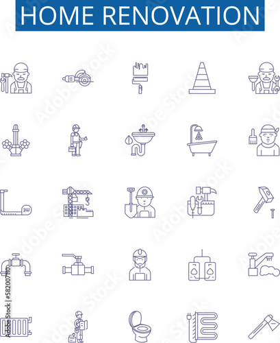 Home renovation line icons signs set. Design collection of Renovate, Remodel, Redecorate, Repair, Update, Decorate, Paint, Install outline concept vector illustrations