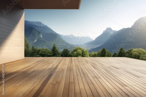 A contemporary  roomy wooden deck with a stunning mountain view and great location. Generative AI