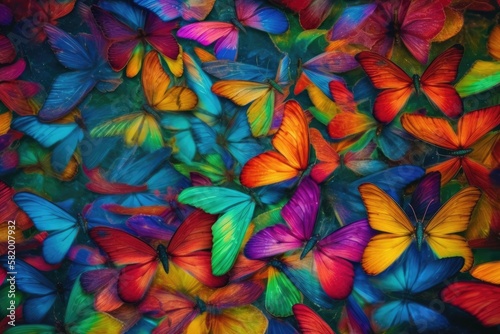 Colors of rainbow. Pattern of multicolored butterflies morpho, texture background. Generative AI