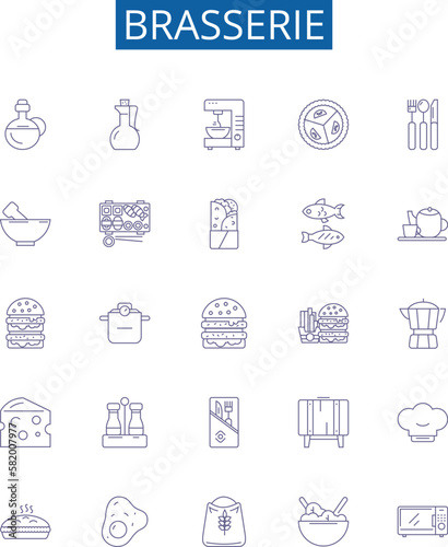Brasserie line icons signs set. Design collection of Brewery, Bistro, Gastropub, Pub, Winebar, Ales, Lagers, Hops outline concept vector illustrations