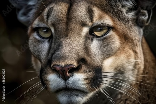 An alpine lion. Cougar in closeup. Mountain lion and American puma detail portrait poster depicting animal life. Generative AI