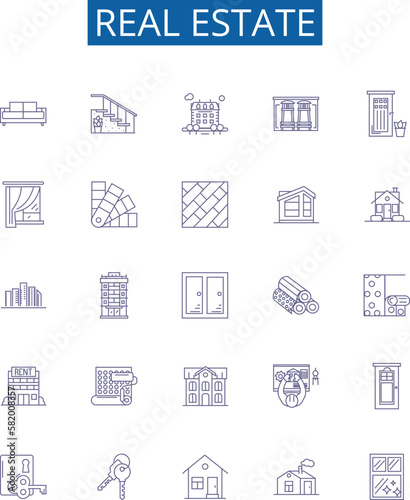 Real estate line icons signs set. Design collection of Property, Homes, Land, Houses, Investment, Agent, Broker, Market outline concept vector illustrations
