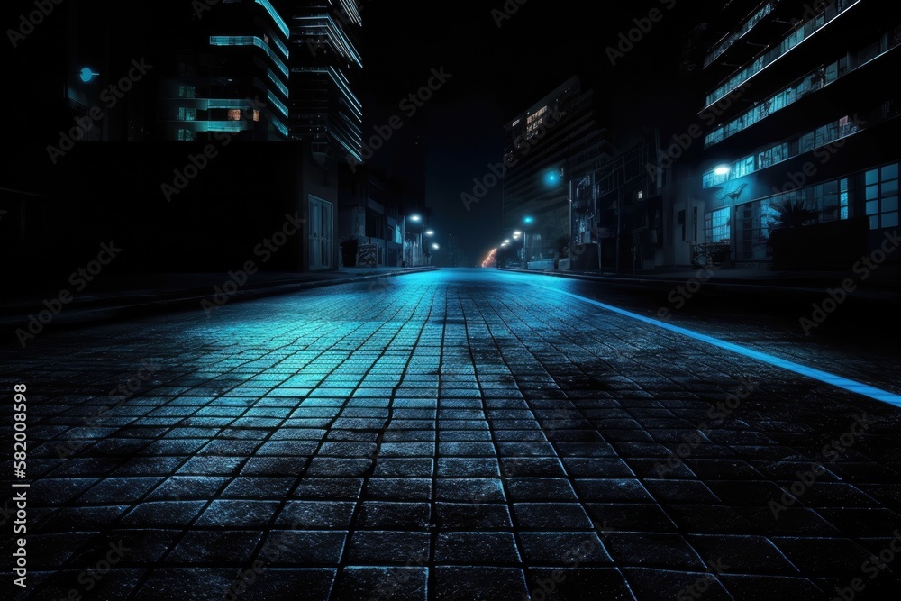 a barren setting with blue neon lighting. street with blue asphalt and smoke. blank background. Generative AI