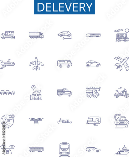 Delevery line icons signs set. Design collection of Dispatch, Delivery, Postage, Freight, Mailing, Dispatching, Shipping, Transmit outline concept vector illustrations