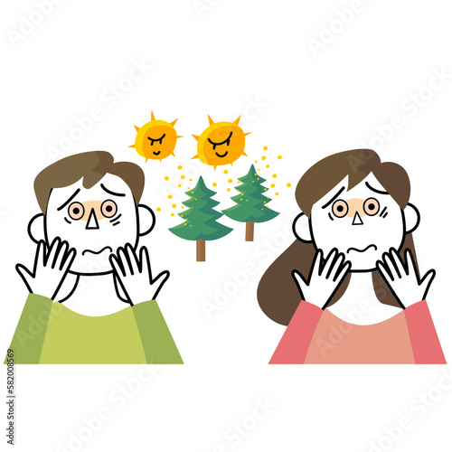 花粉症で目がかゆくて悩む男性と女性の上半身