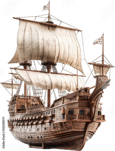 Vintage wooden ocean ship on a transparent background. Generative AI