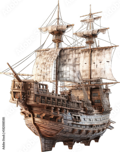 Vintage wooden ocean ship on a transparent background. Generative AI