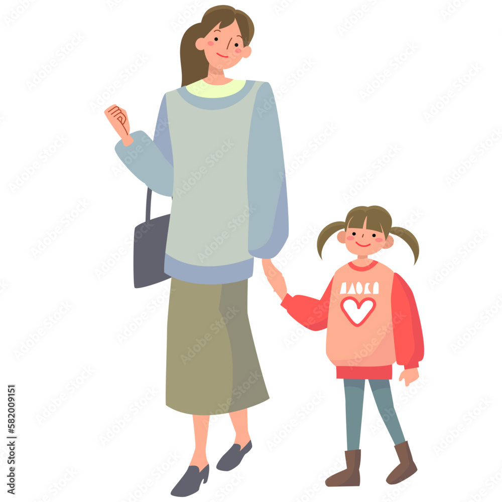 手をつないで歩く女の子と母親 手をつないで歩く女の子と母親