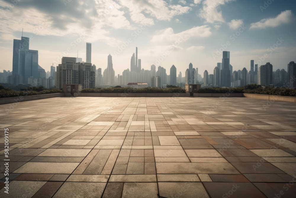 China's skyline and an empty square floor. Generative AI China's skyline and an empty square floor. Generative AI
