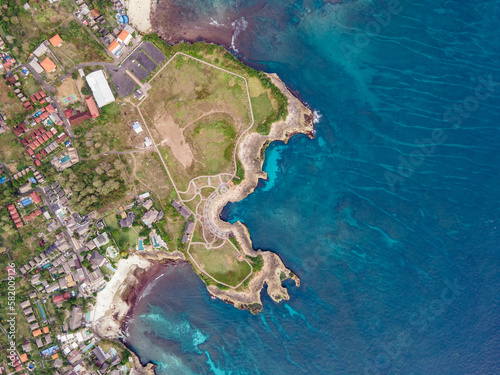 Aerial view coastal landscape of Devil’s tears on Nusa Lembongan, one of natural landmarks close to Bali, Indonesia.