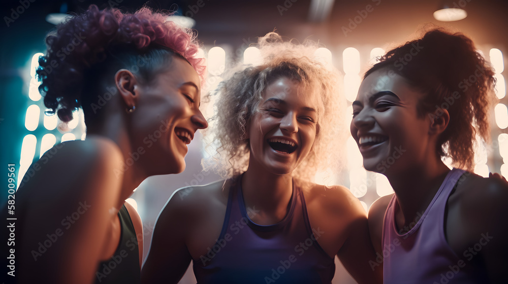 Fun in fitness clothing: Three female friends laughing happily in a sports studio Fun in fitness clothing: Three female friends laughing happily in a sports studio