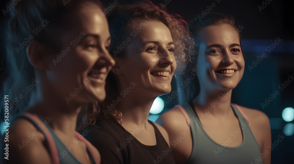 Fun in fitness clothing: Three female friends laughing happily in a sports studio