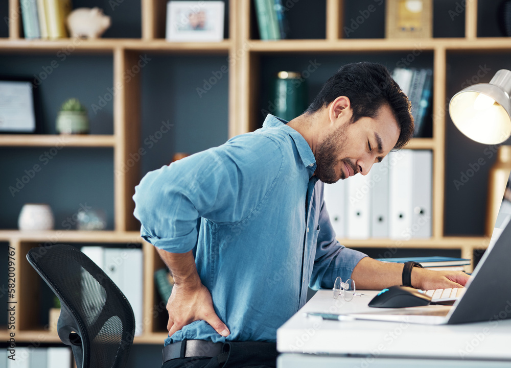 Back pain, business man and office stress of muscle injury, health risk and backache on desk chair. Uncomfortable worker, spine problem and posture of body, scoliosis and fatigue of corporate burnout Back pain, business man and office stress of muscle injury, health risk and backache on desk chair. Uncomfortable worker, spine problem and posture of body, scoliosis and fatigue of corporate burnout
