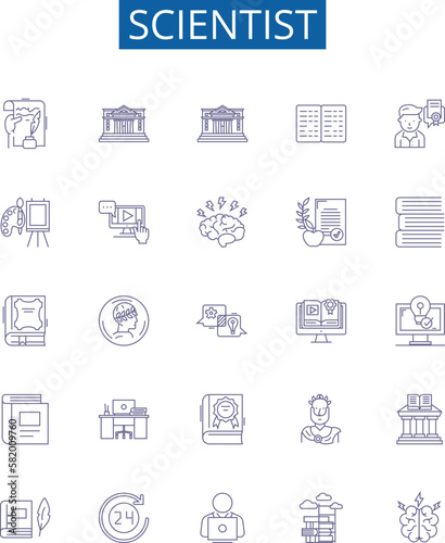 Scientist line icons signs set. Design collection of Scientist, Researcher, Geneticist, Botanist, Physicist, Biologist, Geologist, Chemist outline concept vector illustrations