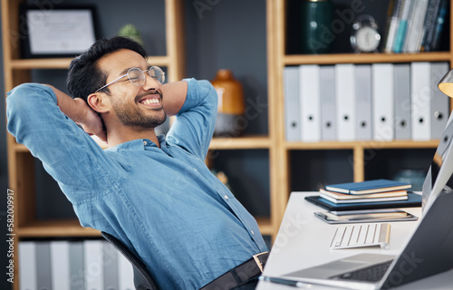 Foto Business man, smile and stretching to relax from easy project, complete achievement and happiness in office