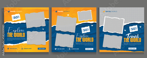 Stunning Travel Banners for Social Media Marketing. Traveling, tourism, or summer holiday tour offer promotion Web banner