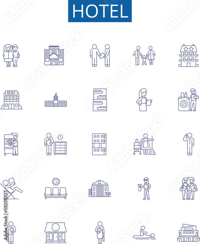 Hotel line icons signs set. Design collection of Hotel, Accommodation, Lodging, Resort, Inn, Suites, Booking, Vacation outline concept vector illustrations