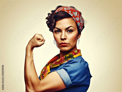 Strong powerful latin woman. Hispanic  Woman's day banner. We Can Do It. Cool picture of iconic woman s fist symbol of female power, Generative AI