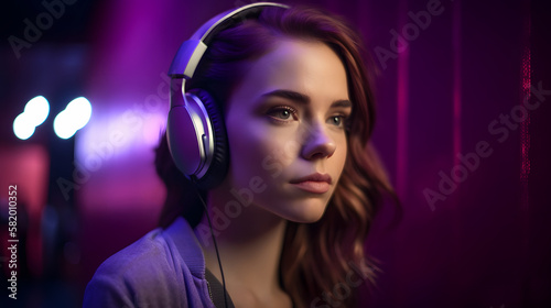 beautiful woman listening to music with headphones, on a purple background © Demencial Studies