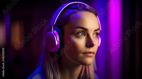 beautiful woman listening to music with headphones, on a purple background © Demencial Studies