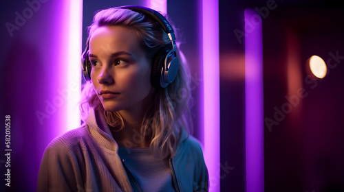 beautiful woman listening to music with headphones, on a purple background