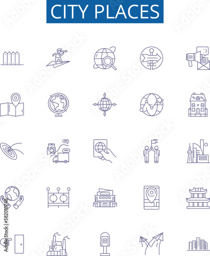 City places line icons signs set. Design collection of Town, Metropolis, Village, Borough, Settlement, Suburb, Plaza, Avenue outline concept vector illustrations