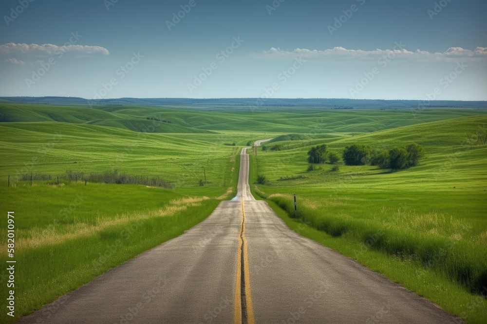 a summertime vision of a vast, open prairie with a paved highway winding as far as the eye can see, passing by lovely, small green hills. Generative AI