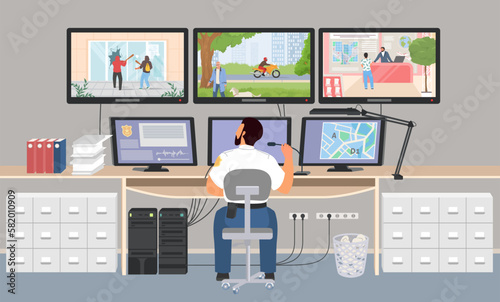 Vector security service police worker sitting control room
