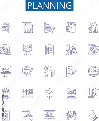 Planning line icons signs set. Design collection of Organizing, Scheduling, Forecasting, Charting, Designing, Mapping, deciding, Outlining outline concept vector illustrations