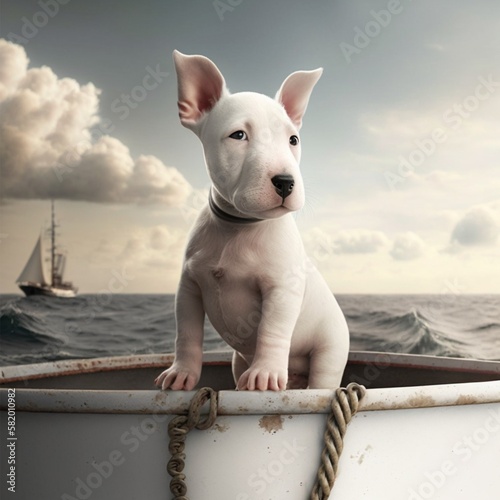 Photographie Bull terrier puppies on a canoe in the middle of the sea created with Generative