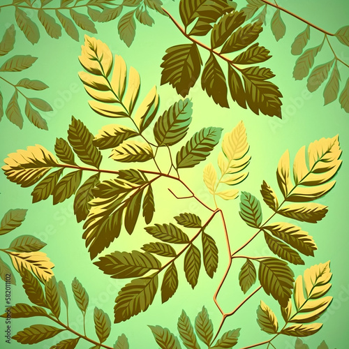  Floral background with green  and yellow leaves on a green background. Generative AI. photo