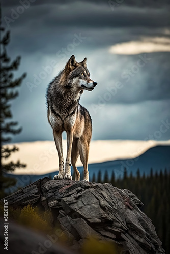 A lone wolf standing tall and proud atop a rocky outcropping. Generative AI