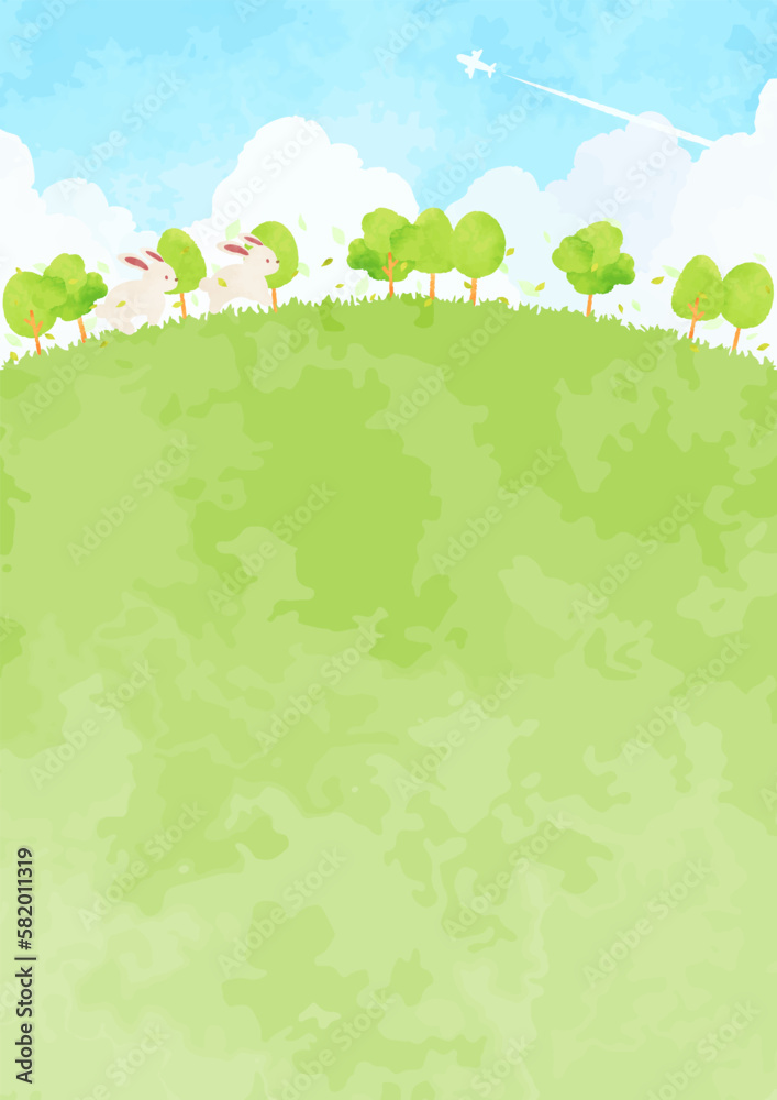 可愛いウサギと緑の丘の風景イラスト