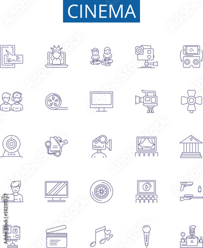 Cinema line icons signs set. Design collection of Film, Theater, Movie, Showing, Screening, Projection, Reel, Playback outline concept vector illustrations