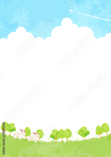 可愛い動物たちと緑の風景イラスト