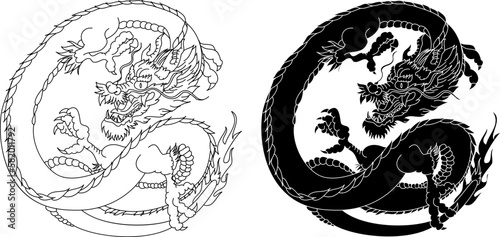 Traditional Japanese dragon with cherry blossom and wave for tattoo design.Hand drawn Chinese dragon for printing on shirt.Beautiful line art of dragon vector for painting on white isolated background